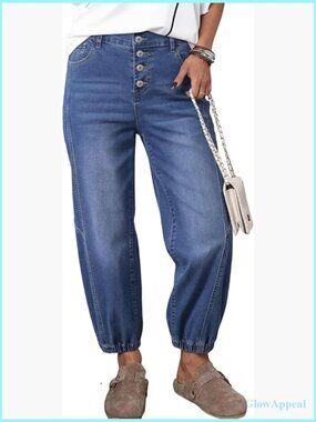 High Rise Harem Jeans Women Wide Leg Baggy Denim Pants Button Front